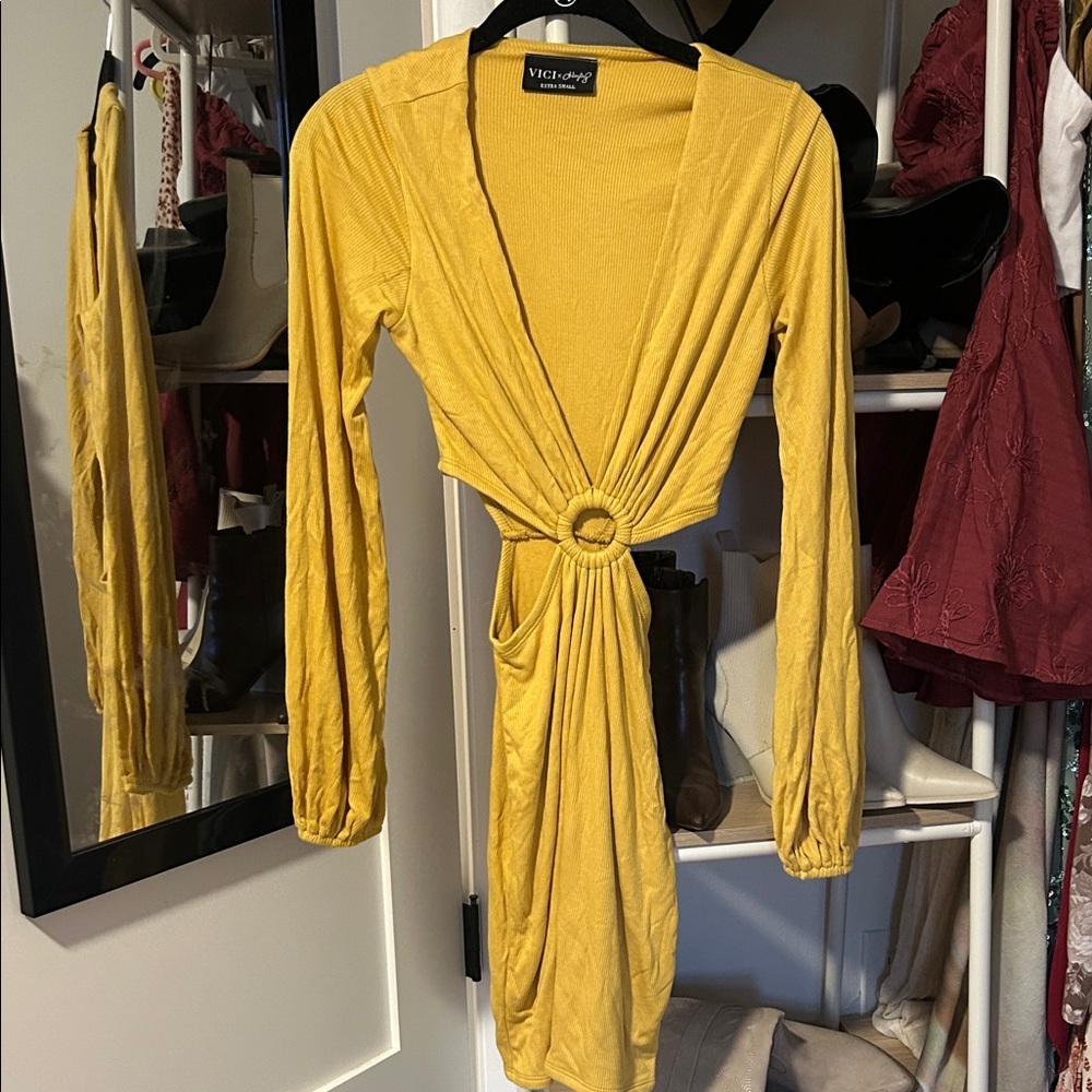 Vici Mustard Long Sleeve Dress with Ring Detail